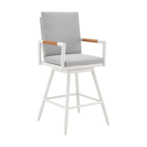 HomeRoots 43" Light Gray Metal Swivel Outdoor Counter Height Bar Chair with Footrest Grey
