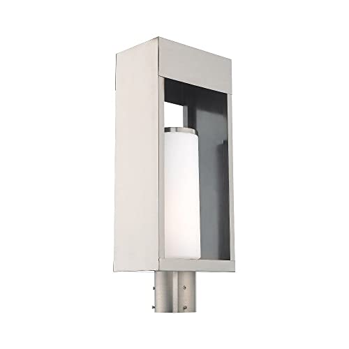 Livex One Light Outdoor Post Top Lantern Brushed Nickel with Satin Opal White Glass Black