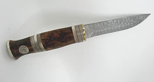Outdoor Merchants Swedish Handmade Hunting Knife Karesuando Damascus Blade Curly Birch & Reindeer Antler