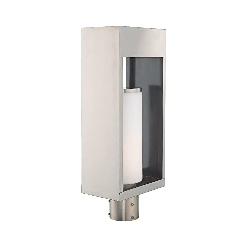 Livex One Light Outdoor Post Top Lantern Brushed Nickel with Satin Opal White Glass Black