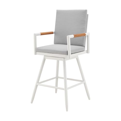 HomeRoots 43" Light Gray Metal Swivel Outdoor Counter Height Bar Chair with Footrest Grey