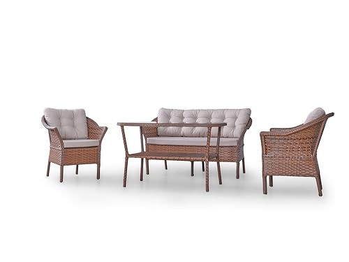 Angora Dinamic Rattan Outdoor Furniture Set – Stylish Garden Patio Set with Table, Double Chair, 2 Single Armchairs, Brown