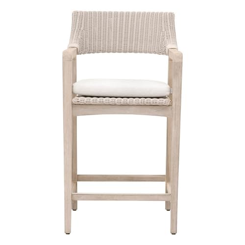 Benzara 28 Inch Outdoor Counter Stool Chair Synthetic Wicker Gray White