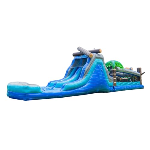 XJUMP Commercial 45' Tropical Wet/Dry Obstacle Dual Lane Slide with Pool Blue