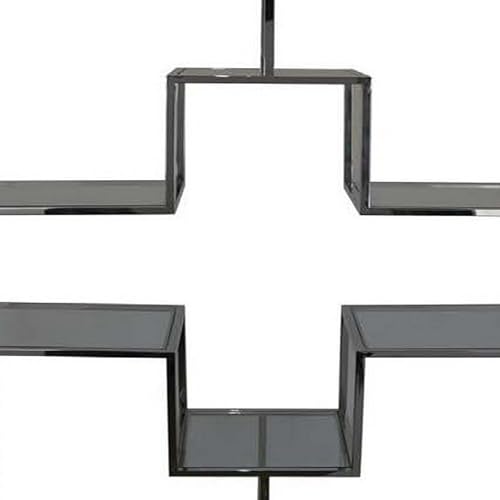 Benzara Adena 76 Inch Tall Plant Stand Geometric Style Metal Shelves Silver