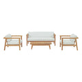 Modway Bayport Outdoor Patio Teak Set: Two Armchairs, Loveseat & Coffee Table Natural White