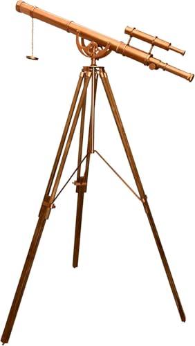 Antiqueex Vintage Handmade Brass Telescope with Teak Tripod Shiny Copper Finish