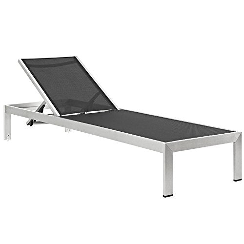Modway Shore Aluminum Textilene Mesh Outdoor Patio Chaise Lounge Chair and Side Table Set Black