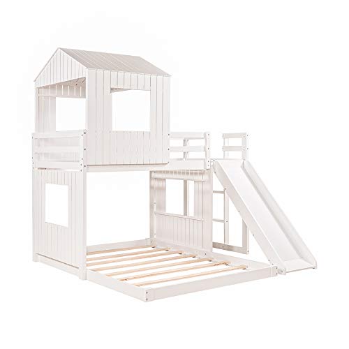 Harper & Bright Designs House Bunk Beds Twin Over Full with Slide White