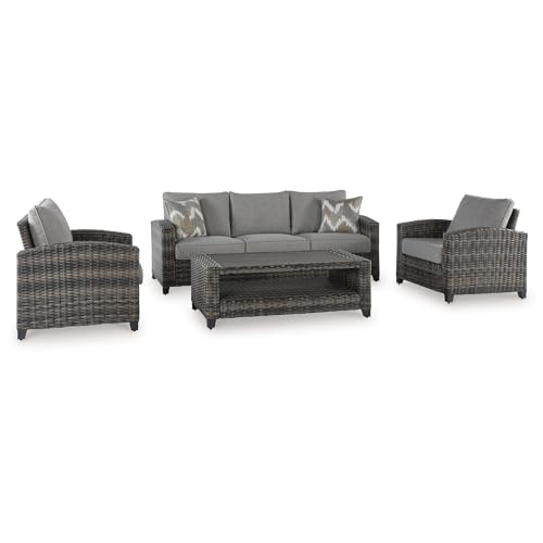 Signature Design by Ashley Oasis Court Outdoor Sofa Chair Table Set 4-Piece with Cushions and Pillows Grey