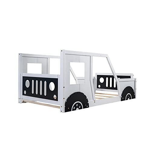 Winwee Twin Car-Shaped Platform Bed Frame with Wheels, White