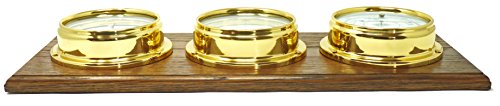 Tabic Brass Tide Clock with Traditional Barometer & Thermometer on English Oak Mount