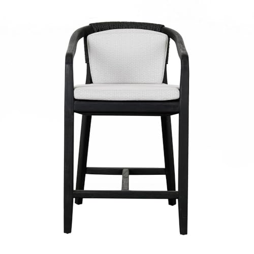 Benzara 25 Inch Outdoor Counter Stool Chair Woven Olefin Fabric Teak Black and Gray