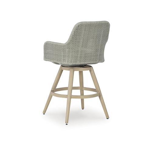 Signature Design by Ashley Seton Creek Weather Resistant Resin Wicker Swivel Outdoor Bar Stools with Cushion, Set of 2 Beige & Light Gray