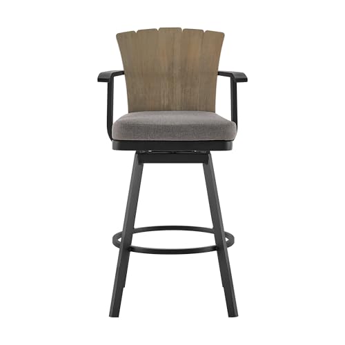 HomeRoots 40" Charcoal Metal Swivel Outdoor Counter Height Bar Chair with Footrest Black