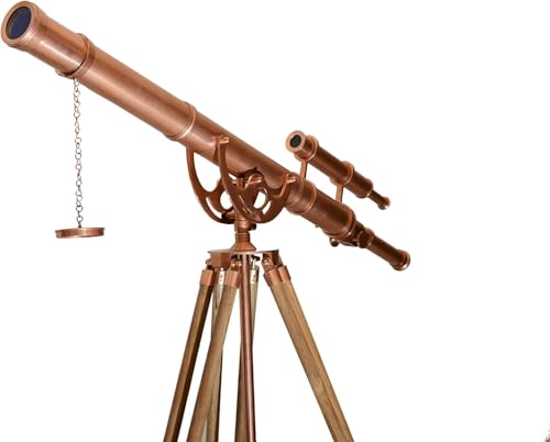 Antiqueex Vintage Handmade Brass Telescope with Teak Tripod Shiny Copper Finish