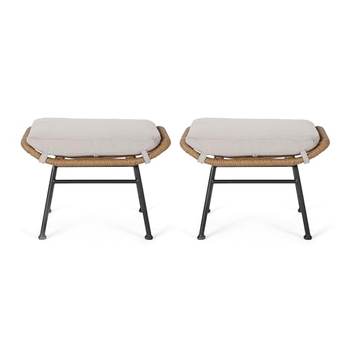Benzara Margo Outdoor Ottoman Set of 2 24 Inch Iron Beige Brown Black