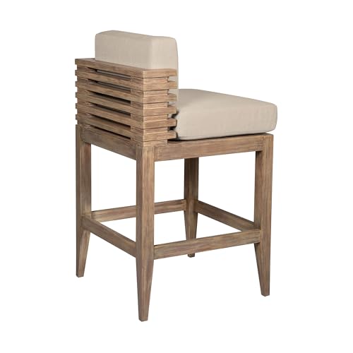 Benzara Hida 30 Inch Outdoor Patio Barstool Chair with Olefin Cushions Brown and Taupe