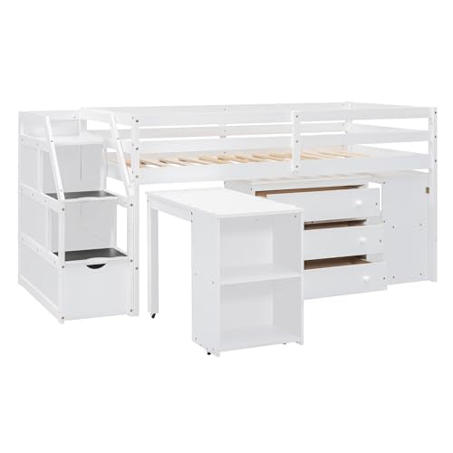 RORIGAT Twin Size Loft Bed with Desk, Storage Stairs & Shelves, White