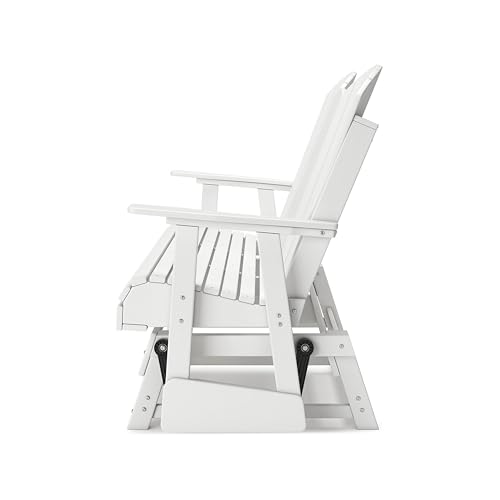 Benzara Sami 67 Inch Outdoor Adirondack Glider Loveseat with Dropdown Cupholders White