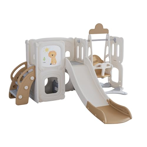 CUAUC 5-in-1 Toddler Slide and Swing Set with Drawing Whiteboard Coffee