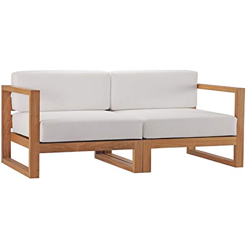 Modway Upland Patio Teak Wood 2-Piece Sectional Sofa Loveseat Natural White