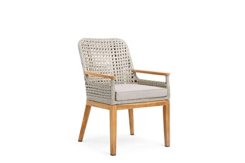 Winston August Teak & All-Weather Weave Patio Dining Chairs Set of 2 Natural Teak Wood Driftwood Grid Weave Sunbrella Cast Ash Fabric