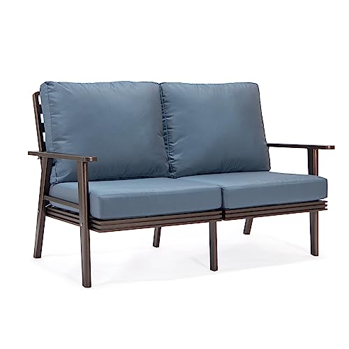 LeisureMod Walbrooke Modern 3-Piece Outdoor Set with Brown Aluminum Frame and Cushions Navy Blue
