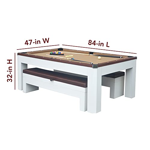 Hathaway Newport 7-ft Pool Table Tennis Combination with Dining Top, Two STO Newport II 7-ft Pool Table Combo Set with Benches - White with Camel Felt - Walnut