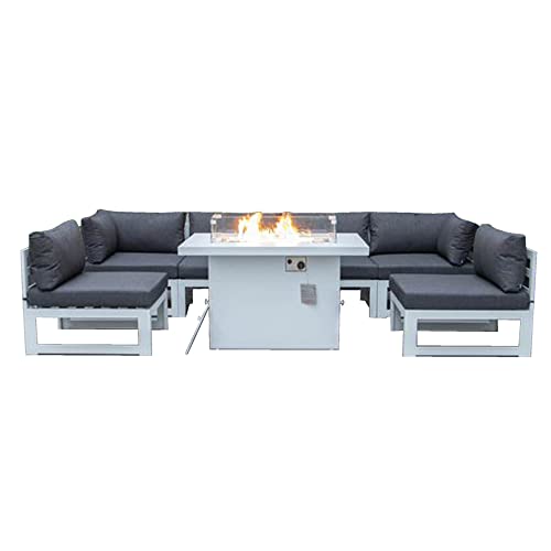 LeisureMod Chelsea 7-Piece Outdoor Patio Conversation Set with Fire Pit Table Black