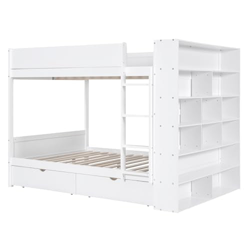 Acosure Full Over Full Bunk Bed with Storage Drawers & Cabinet White