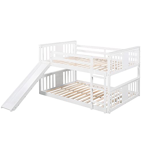 P PURLOVE Full Over Full Bunk Bed with Ladder and Slide White