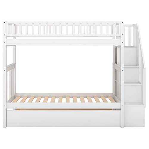 YOPTO Twin-Over-Twin Bunk Bed with Trundle and Storage Shelves White