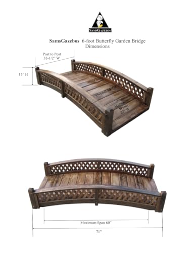 SamsGazebos Butterfly Garden Bridge with Diamond Lattice Railings 6 ft Light Brown