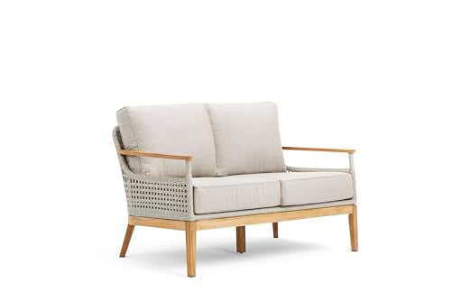 Winston August Loveseat Natural Teak Wood Driftwood Grid Weave Sunbrella Cast Ash