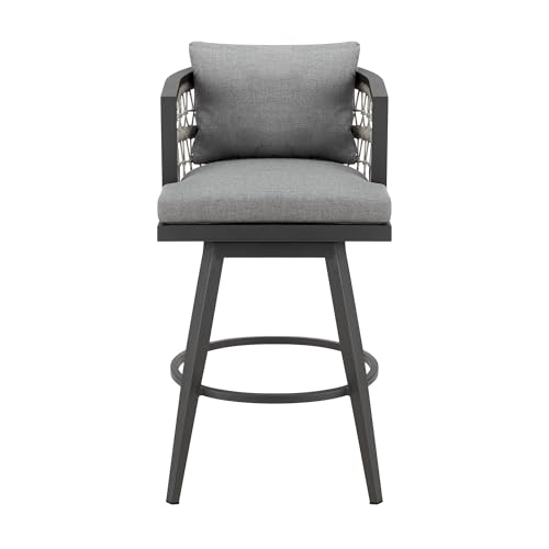 HomeRoots 37" Gray Metal Swivel Outdoor Counter Height Bar Chair with Footrest Grey