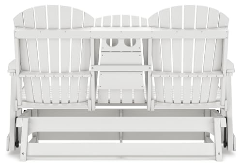 Signature Design by Ashley Hyland Wave Outdoor Glider Loveseat with Drop Down Table and Cup Holders White