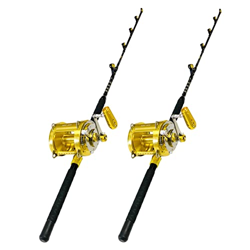 EAT MY TACKLE 80 Wide 2 Speed Trolling Fishing Reels and Rods Set Black and Gold