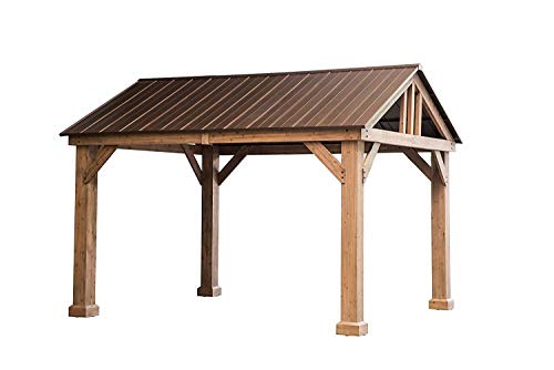 Sunjoy Coen L-GZ1171PWD-B Hudson Cedar Wood Pavilion with Hardtop Gazebo 14'x12' Natural/Brown