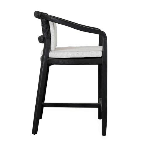 Benzara 25 Inch Outdoor Counter Stool Chair Woven Olefin Fabric Teak Black and Gray