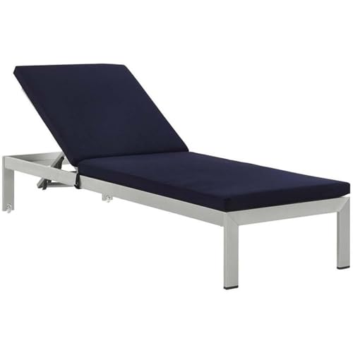 Modway Shore Aluminum Outdoor Patio Chaise Lounge Chairs with Cushions Silver Navy