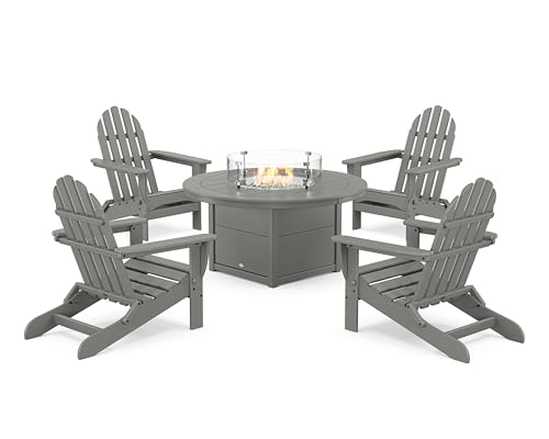 Polywood Classic Folding Adirondack 6-Piece Conversation Set with Fire Pit Table Slate Grey