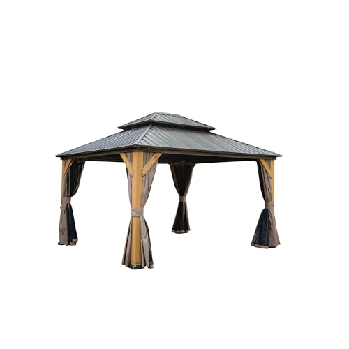 NicBex 12'x14' Hardtop Gazebo Outdoor Cedar Wood Frame with Steel Double Roof Brown