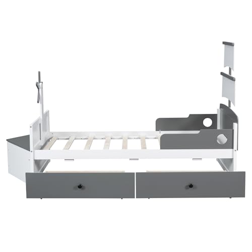 Bellemave Twin Size Kids Bed with Storage Drawers Boat-Shaped Grey