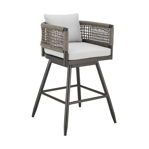 HomeRoots 35" Light Gray Metal Swivel Low Back Outdoor Counter Height Bar Chair with Footrest Grey