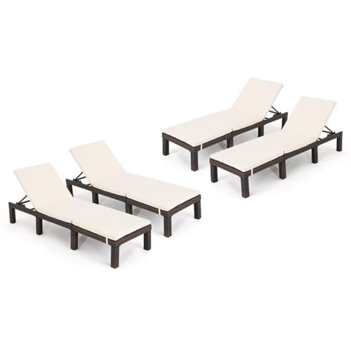 Noble House Jamaica Multi-Brown Wicker Chaise Lounge with Cream Cushion (Set of 4)