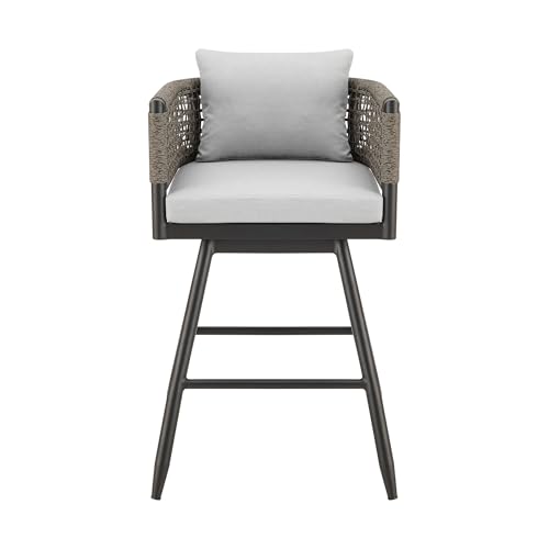 HomeRoots 35" Light Gray Metal Swivel Low Back Outdoor Counter Height Bar Chair with Footrest Grey