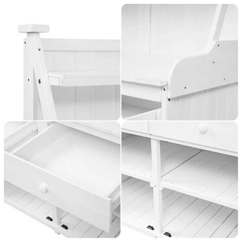 ChicFurnit Fir Wood Garden Potting Bench Table 65-inch Workstation with Storage Shelf Drawer Cabinet White