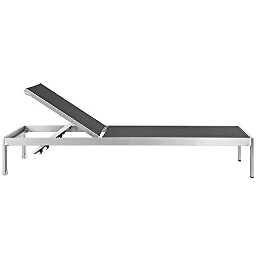 Modway Shore Aluminum Textilene Mesh Outdoor Patio Chaise Lounge Chair and Side Table Set Black
