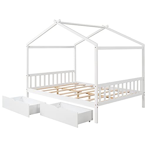 Merax Full Size Platform Bed Frame with Drawers White